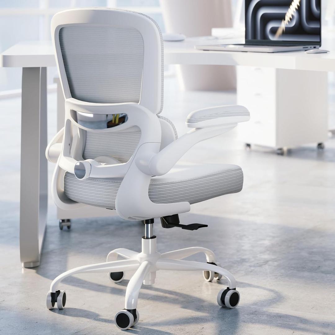 TRALT Ergonomic Office Chair - Desk Chair with Adjustable Lumbar Support Computer Chair - Mesh Comfy Chair with Flip-up Armrests - Gaming Chairs for Adults Home Office (Leather, White), Pack of 1