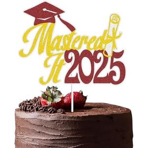 Pack of 3, Mastered It 2025 Cake Topper,Congrats Mastered It Happy Master Degree Cake Decor,Congrats Grad Class of 2025 Graduation Party Decorations (Gold Red)