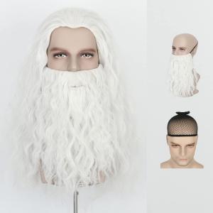 MISS U HAIR Long Curly White Beard and Wig Set Christmas Costume Hallween Wigs For Men Women
