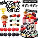 MEMOVAN Race Car Cake Topper Red Black Balls Cake Toppers Fast One Cake Decorations 1st Birthday Cake for Boy's Kids Racing Car Checkered Flag Themed BirthdayParty Favors