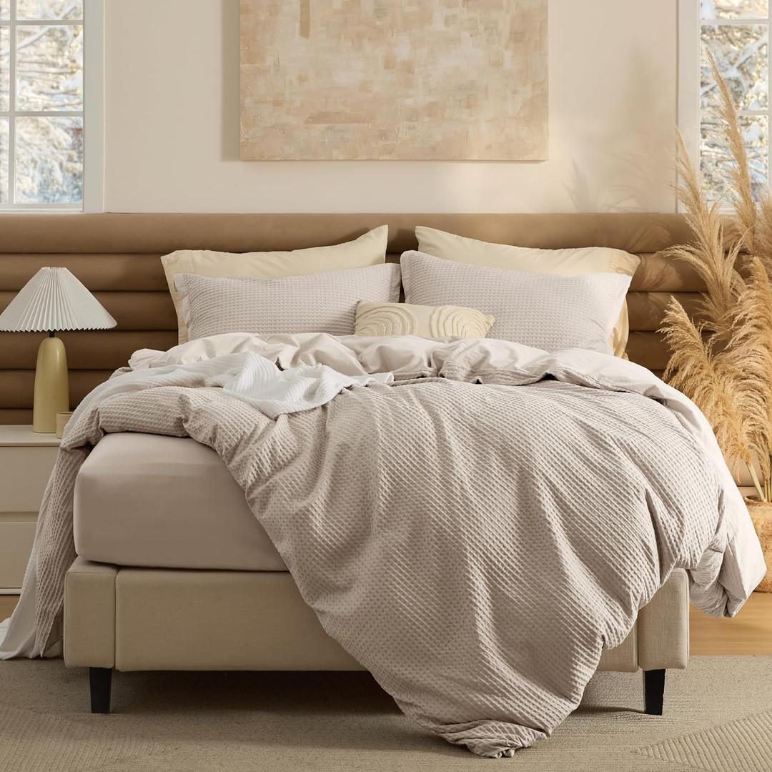 Bedsure 100% Cotton Duvet Cover King Size with Fitted Sheet - 4 Pieces Linen Color Waffle Weave Bedding Set, GentleSoft and Breathable, Includes 1 Duvet Cover 104x90, 1 Fitted Sheet, 2 Pillow Shams