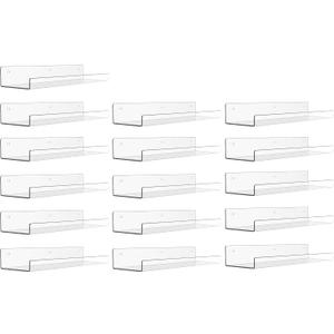 upsimples 16 Pack Acrylic Shelves for Wall Storage, 15" Floating Bookshelves for Kids, Display Shelf Organizer for Bathroom, Bedroom, Living Room, Kitchen, Room Decor, Clear
