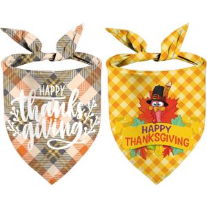 Thanksgiving Dog Bandanas, Fall Plaid and Turkey Reversible Triangle Bibs Scarfs Autumn Holiday Puppy Pet Kerchief 2 Pack (Thanksgiving-02)