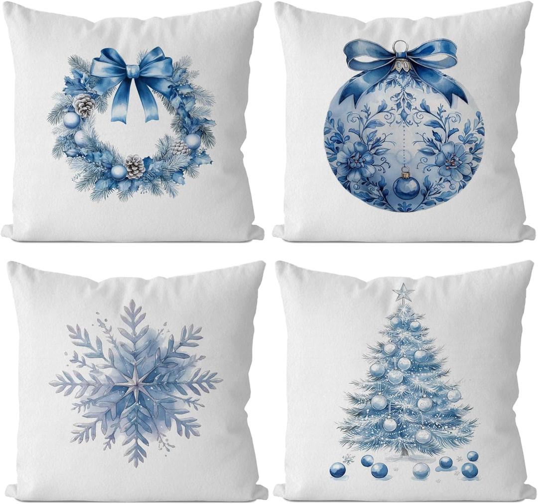 IWXYI Blue Chinoiserie Christmas Pillow Covers 18x18, Grandmillennial Christmas Decor, Winter Xmas Tree Wreath Ball Snowflake Decorative Throw Pillow Covers for Bedroom Living Room Home, Set of 4
