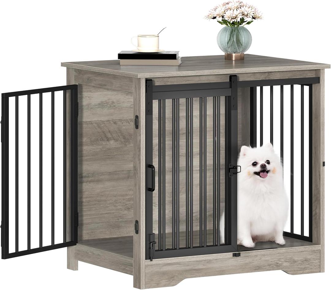 27.2" Dog Crate Furniture with Barn Door, Heavy Duty Dog Kennel Indoor with 2 Doors, Wooden Pet Cage End Table for Small Medium Dogs up to 22 lb, Anti-Chew Anti-Escape, Greige DFC84305B