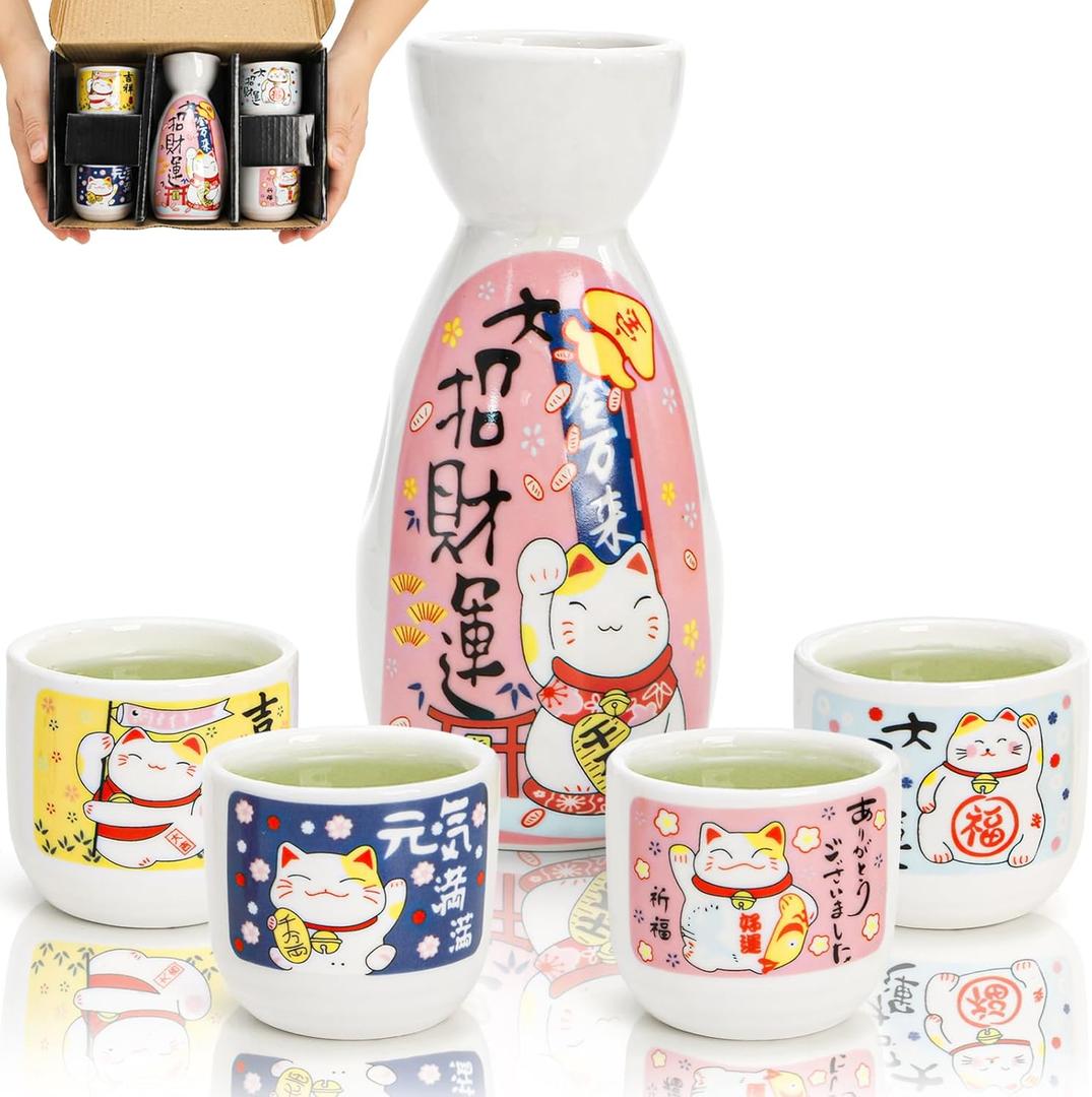 Goaste 5 Pieces Ceramic Japanese Sake Set, Durable Maneki Neko Sake Cups, Handmade Pottery Sake Glasses with 1 Bottle and 4 Cups in Cute Fortune Cat Pattern for Home Decoration, Gifting