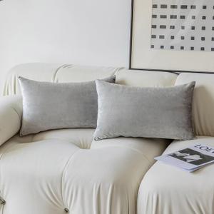 Demetex Lumbar Pillow Covers 12x20 Decorative Velvet Throw Pillow Covers Soft Grey Plush Cushion Covers for Living Room Sofa Bed Chair Car, Set of 2, 12 x 20 inch, Silver