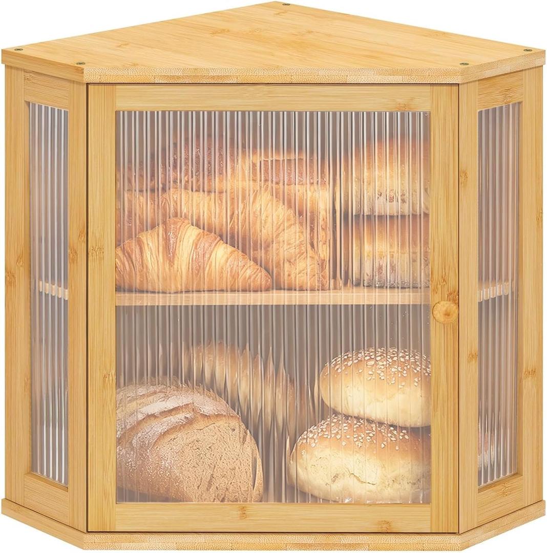Corner Bread Box for Kitchen Countertop Two-Tier Large Capacity Bread Boxes Storage Container with Adjustable Height Countertop Bread Storage Bin (Bamboo Yellow)