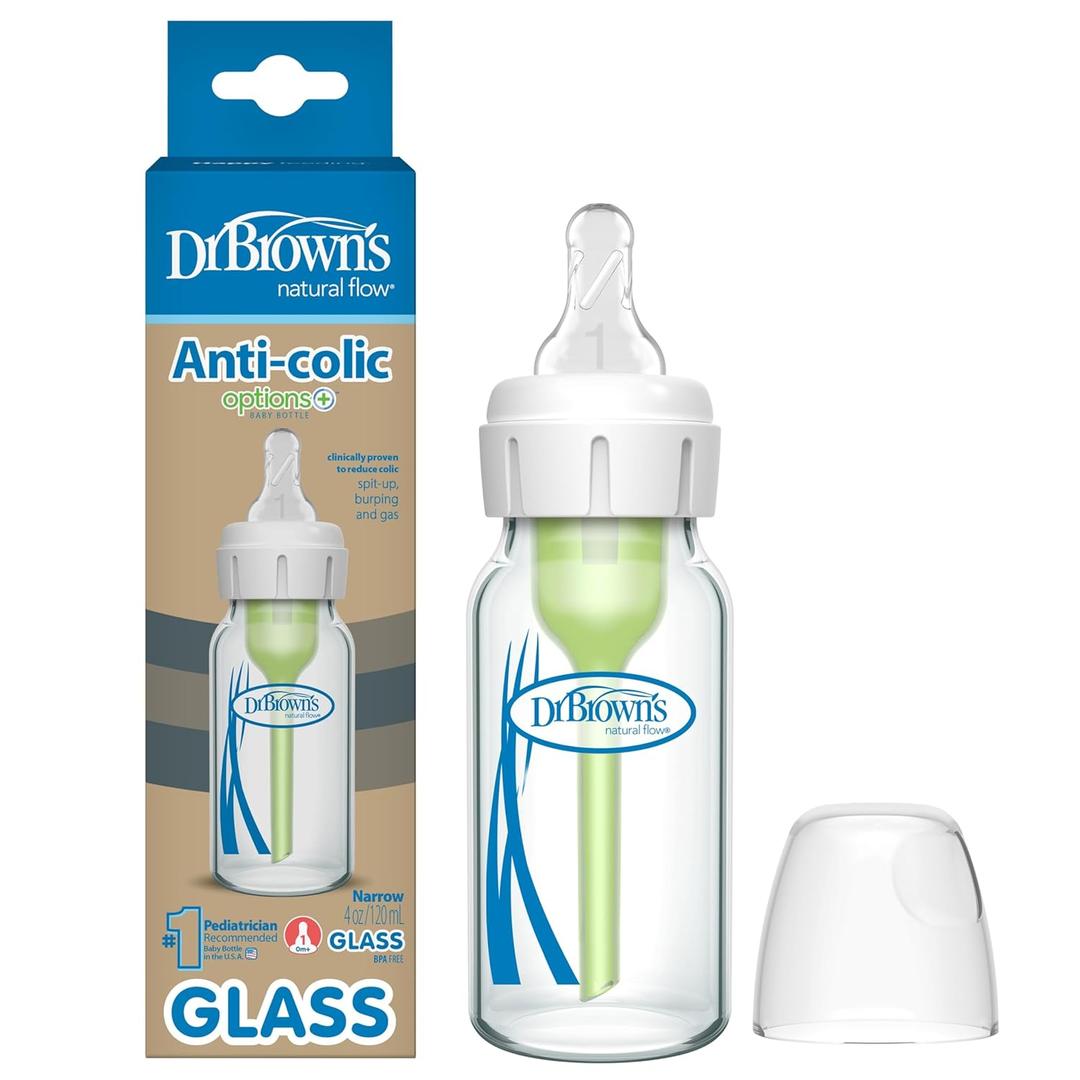 Dr. Brown's AntiColic Options+ Narrow Glass Baby Bottle with Level 1 Slow Flow Nipple, BPAFree, 4 oz/120mL, 4Pack