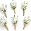 Natural White Boutonnieres for Men Wedding, White Baby's Breath & Green Rosemary Boutonniere with Pins, Groom and Groomsmen Boutonniere for Rustic Fall Vintage Wedding, Prom and Homecoming