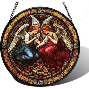 Round Angel Stained Glass Style Sun Catcher Window Hanging Decorative Panel for Home Window Light Catching Art Gift 7.8inch