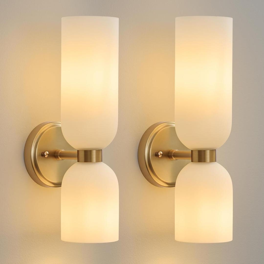 Mid Century Bathroom Wall Sconce - Set of 2 Modern Brushed Gold Brass Sconces - Frosted Milk White Glass Indoor Dimmable Lighting Fixture with Bulb - Double Vanity Lights for Bedroom Living Room Decor, 2 Pack