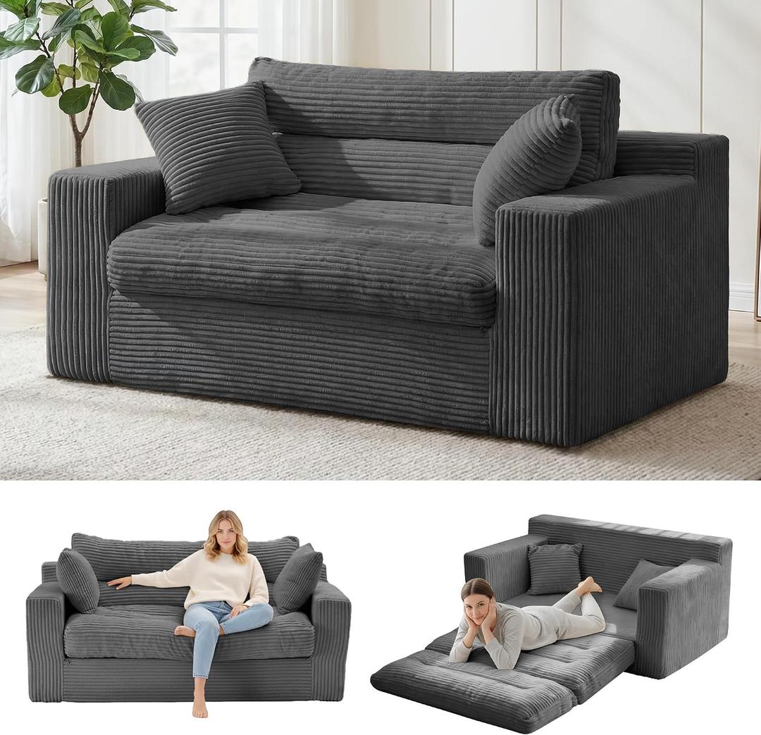 Convertible Sofa Bed, Pull Out Boneless Couch Loveseat Floor Sofa Bed with Pillows, 2-Seater Folding Sofa Loveseat Boneless Couch for Living Room, Bedroom, Apartment, Office(Grey)
