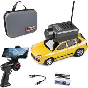 Mini RC Drift Car, 1:64 Scale Mini RC Car with Camera and Radio Transmitter, 2.4GHz Transmitter and APP Controlled Toy Vehicle with HD Magnetic Camera, LED Lights, Fun Toy for (Yellow)