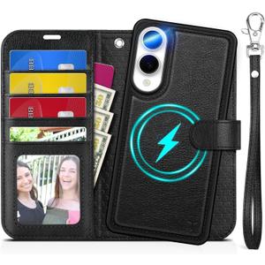 TUCCH Wallet Case for Galaxy S25 Edge, [Removable] [Wireless Charging] Wrist Strap RFID Blocking [4 Card Holders] PU Leather Cover, Magnetic Detachable Stand Folio for Galaxy S25 Edge, Textured Black