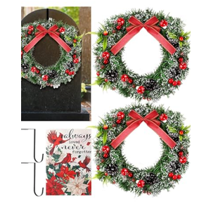 Norme 2 Pack Christmas Memorial Cemetery Wreath for Graves with Garden Flag 12.6in Xmas Grave Wreath Outdoor Cemetery Funeral Flower Stand for Memorial Day Winter Gravestone Decoration