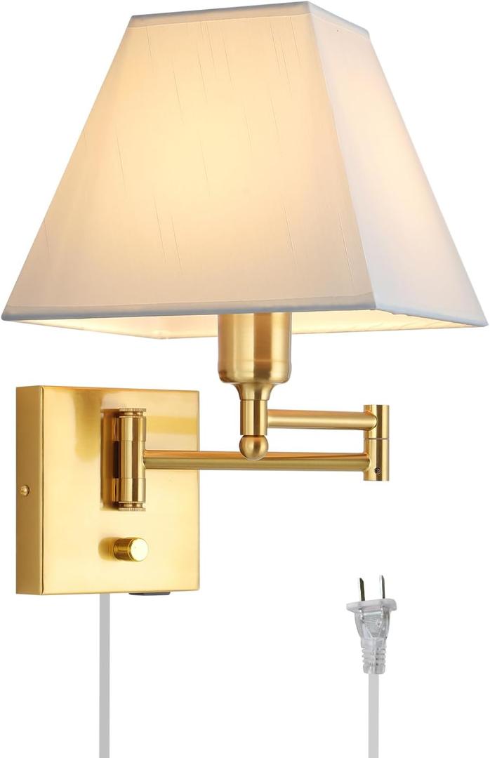 Wall Mounted Lamp Plug in Wall Sconce with Dimmable Switch Swing Arm Wall Lamp Whire Fabric Shade with USB Port Gold Wall Sconce Suitable for Hallway Bedroom Living Room