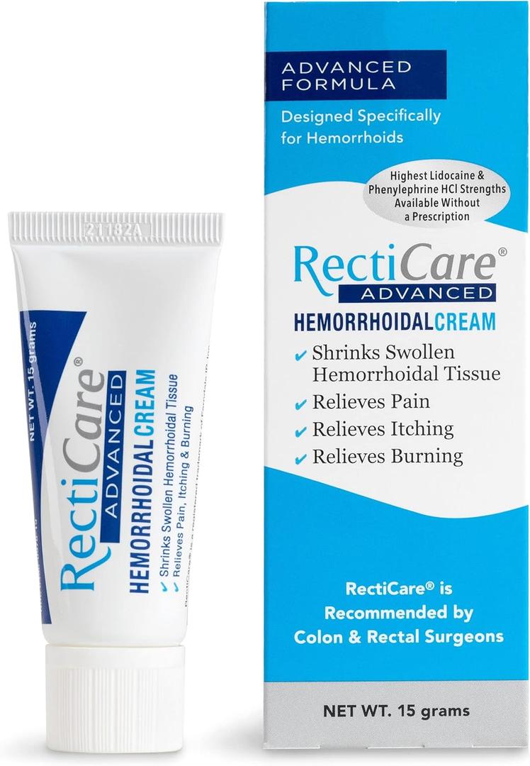 RectiCare Advanced Hemorrhoidal Cream: Advanced Treatment to Shrink & Soothe Hemorrhoids - Itch & Burn Relief - 15g Hemorrhoidal Cream with Lidocaine