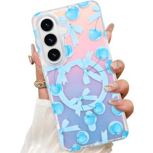 Magnetic Case for Samsung Galaxy S26 Plus 6.7 Inch, Cherry and Bows | Wireless Charging Compatible, Hard PC and Soft TPU, Iridescent Design, Anti-Scratch, Shockproof Protection, for Women