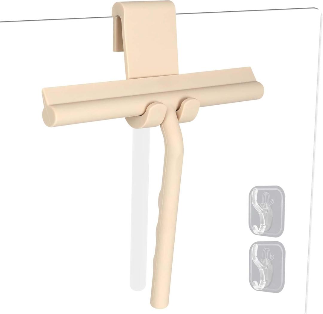 DEOFUXT Shower Squeegee for Glass Doors, Full Silicone Jacketed Squeegee with Ergonomic Handle & NoDrill Hook, Cleaning Tool for Windows, Mirrors, Tiles, Bathroom & Car  Beige