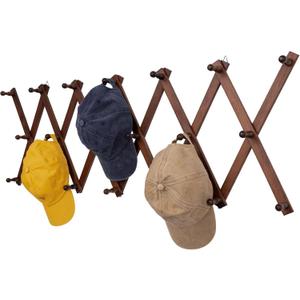 SCUNDA Accordion Wall Hanger with 20 Hooks, Expandable Wall Hat Display Rack, Wooden Wall Hook for Coat, Hats, Baseball Caps, Coffee Mug, Jewelry(Brown)