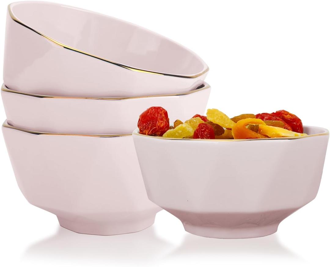 Diamond Small Bowls, 4.5inch 10oz Yogurt & Dessert Bowls, 4pcs Gold-Plated Ceramic, Perfect for Snacks & Dipping Sauces, Serves 4 
