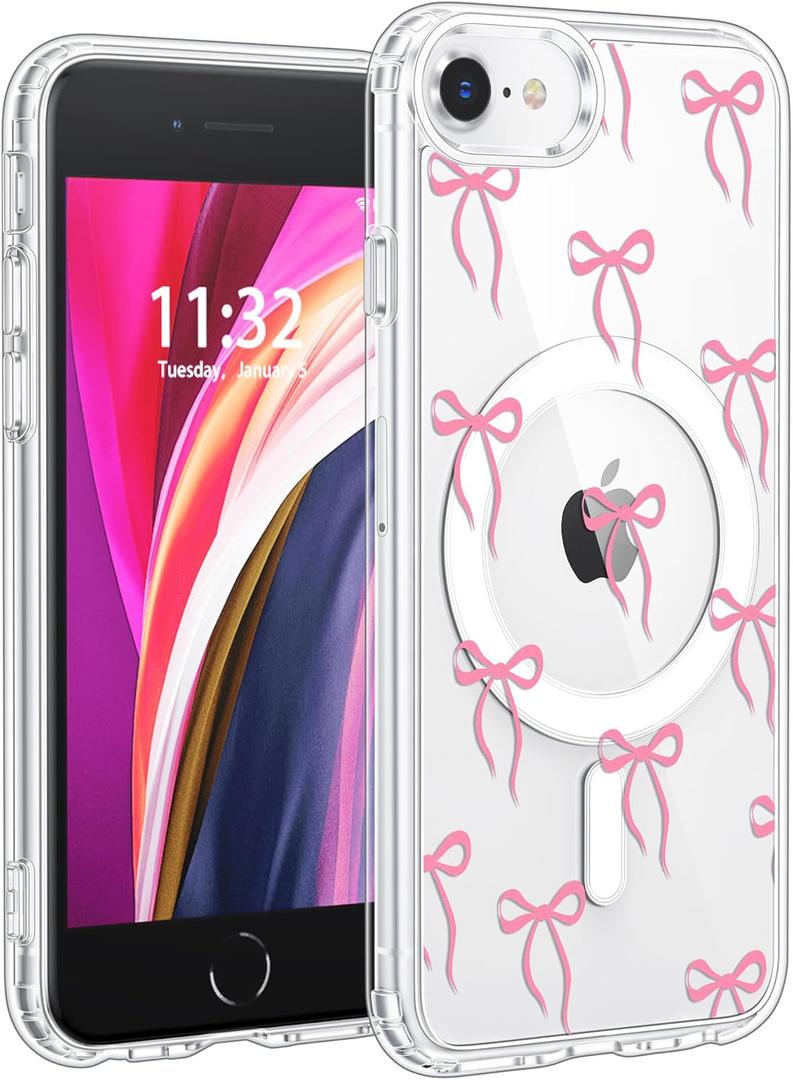 for iPhone SE/8/7 Case Compatible with MagSafe, Crystal Clear Aesthetic Pattern Wireless Magnetic Protective Phone Cover for Women Girls - Chic Bows