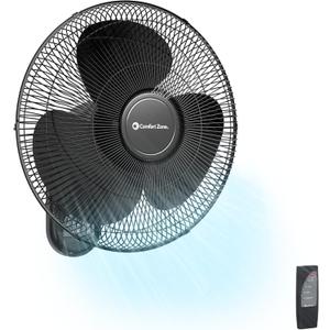 Comfort Zone 16-Inch Wall Mount Fan with Remote Control  Quiet 3-Speed Oscillating Indoor Fan with 90 Wide-Angle Airflow, Timer & Sleep Modes  Space-Saving Wall Fan for Bedroom, Home Gym & Office