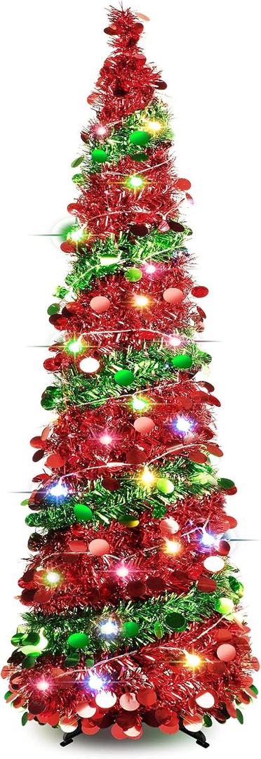 5 FT Collapsible Sequin Pop Up Christmas Tree with 90 LED Lights, Skinny Pencil Tinsel Xmas Tree with Stand for Apartments (Red Green)