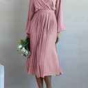 PRETTYGARDEN Women's Spring Midi Dress Long Puff Sleeve Wrap V Neck Flowy Ruffle Pleated Casual Fall Dresses (Pink, L)