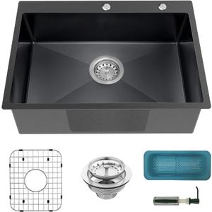 Black Kitchen Sink, Drop In Stainless Steel 30x22x8 Inch Topmount Single Bowl Bar Sink With Accessories-Stainless Grid,Strainer Basket,Soap Dispenser,Drain Assembly Set For Modern&Classic Kitchen