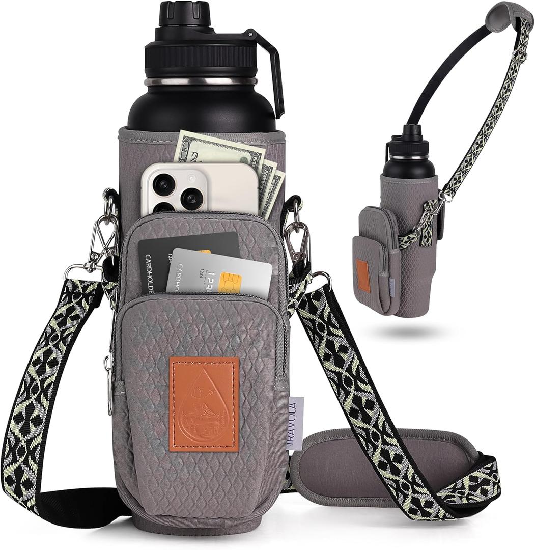 Water Bottle Bag with RFID Protection for Women - Crossbody Water Bottle Holder for Sports Moms with Adjustable Strap Fits 40 oz - Hands Free Carrier Purse for Hiking and Walking Grey