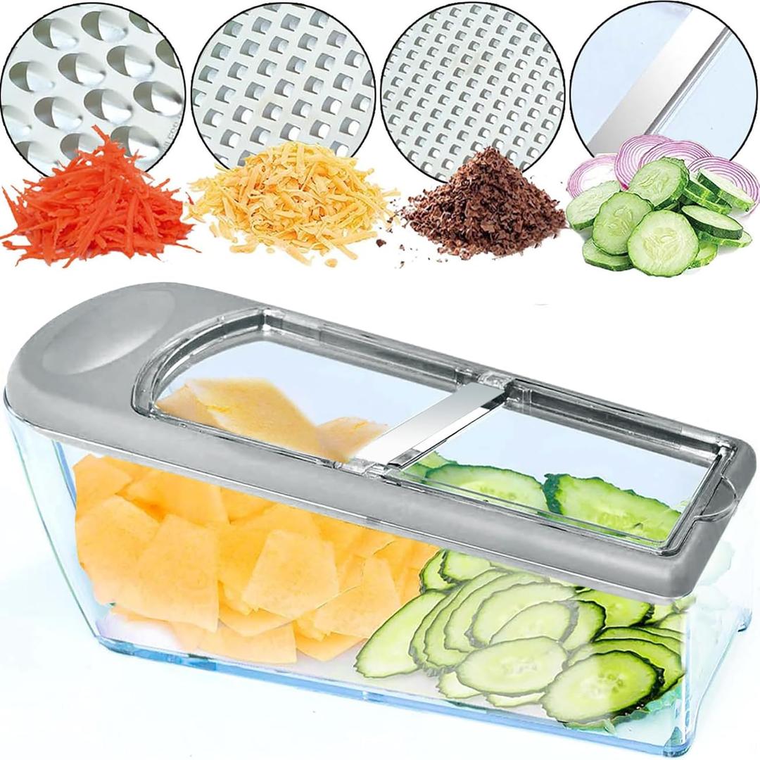 LHS Mandoline Slicer, 4 Sharp Stainless Steel Blades with Food Storage Container  Kitchen Tools for Cheese, Chocolate, Vegetables& Fruits - Dishwasher Safe (grey) (Gray)