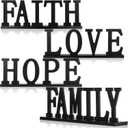 Jetec 4 Pieces Love Faith Hope Family Wood Word Sign Black Wooden Cutout Letter Table Decor Rustic Letter Tabletop Decoration Freestanding Wood Sign for Home Room Modern Fireplace Table Centerpiece