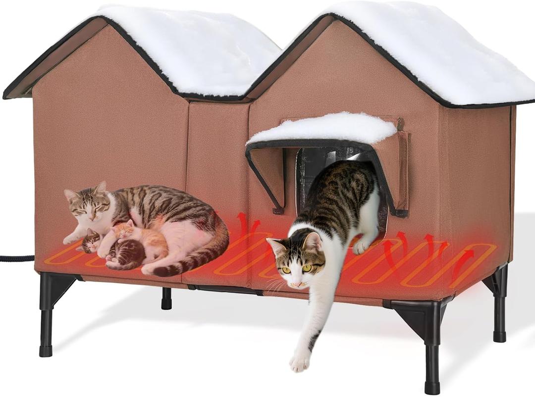 Heated Cat House for Outside Winter, Extra Large Heated Outdoor Cat House Weatherproof, Elevated Bed, Escape Door, Insulated Outdoor Cat Shelter with Heater for Multiple Cats Feral Stray Kitty