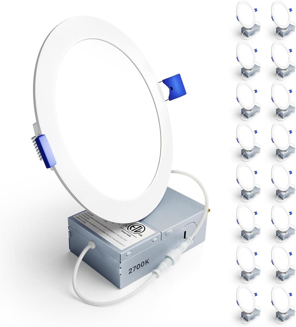 Ensenior 16 Pack 6 Inch LED Recessed Ceiling Light, Dimmable, 2700K Soft White, 1050LM 12W 120V, High Brightness Canless Wafer Downlight - ETL&FCC&IC