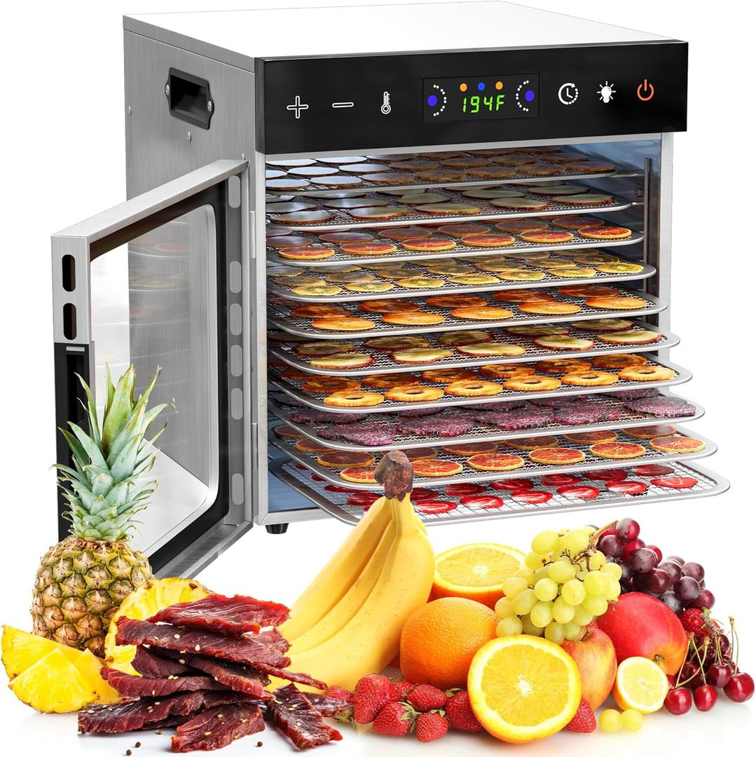 10-Tray Food Dehydrator  600W Adjustable Temperature (86F-194F) & Digital Timer, Ideal for Jerky, Fruits, Vegetables, Dog Treats, Herbs, and Snacks  Energy-Efficient, and Easy to Clean