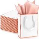Yeaqee 24 Pack Metallic Paper Gift Bags with Handle and Tissue 9x7x3.1 Welcome Gift Thank You Bags for Wedding Father's Day Bridal Shower Groomsmen Birthday Party(White, Rose Gold)