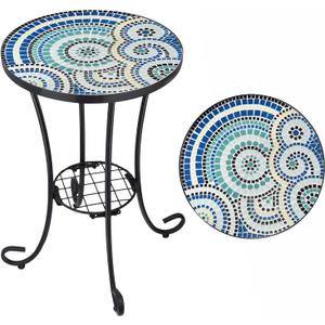 VCUTEKA Outdoor Side Table Mosaic Patio Accent Table Mosaic Tile Top Metal Frame Small End Porch Beach Patio Garden Balcony Round 14''