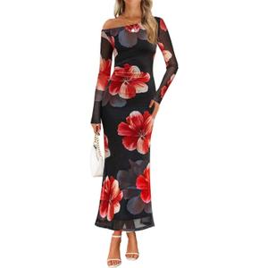 ZESICA Women's Long Sleeve Floral Maxi Dress 2026 Fall Off Shoulder Bodycon Ruched Mesh Cocktail Wedding Guest Dresses (XL)