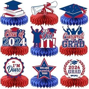 Yisong 9 Pieces 2024 Graduation Party Table Decorations Class of 2024 Congrats Graduation Centerpieces for Tables Congratulate Honeycomb Centerpiece Table Topper for Grad Party Favor (Blue, Red)