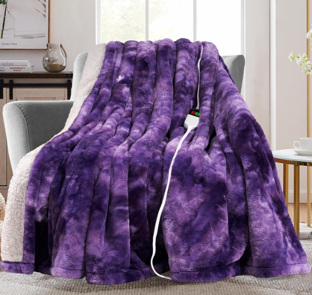 MAXEVE Electric Heated Throw Rabbit Faux Fur Blanket with 8 Heating Levels & 8H Auto Off, Fast Heating Warm Cozy Sherpa Washable Electric Blanket with OverHeat Protection, ETL Certification, Purple