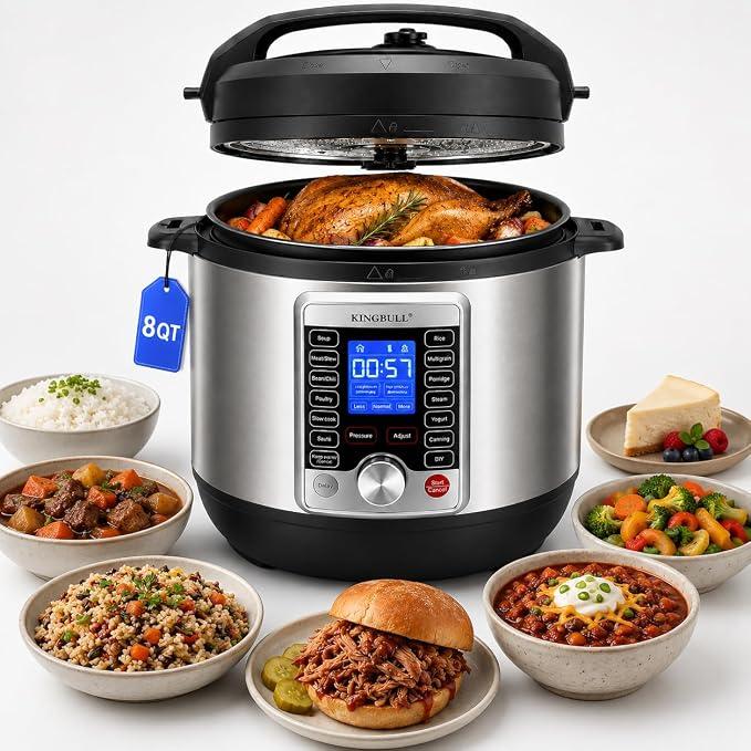 KINGBULL 14-in-1 Electric Pressure Cooker 8 Quart, Stainless Steel Multi Cooker with LCD Display and Knob Control, Slow Cooker, Rice Cooker, Steamer, Sauté, Yogurt Maker, Warmer, DIY Mode