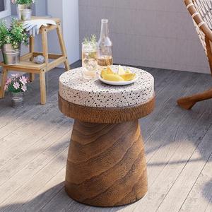 Outdoor Side Table with Imitation Terrazzo Desktop, Mushroom Shaped MgO Concrete Side Table, Modern Vintage Patio End Table, Unique Round Accent Table for Indoor Outdoor Use, Brown