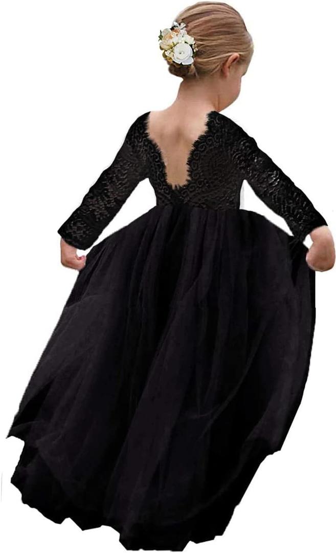 Topmaker Flower Girl Dress for Toddler Baby Girls,Lace Tulle Dress for Wedding,Birthday Party,Photoshoot,Special Occasion (5-6 Years, Sleeve-black)