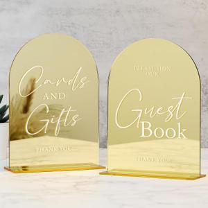 Set of 2 Gold Acrylic Wedding Signs, 5"x7" Gold Mirror Arch Acrylic Table Sign and Base, Modern Font TableTop Reception Sign for Wedding & Party Event (Golden, 5 x7 Inch)