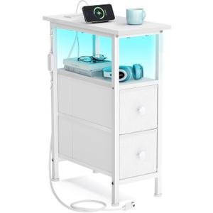 SONGMICS Side Table with LED Light, Narrow End Table with 2 Drawers, Nightstand with Charging Station, Bedside Tables for Small Space, Living Room, Bedroom, Ink Black, BELLAH Collection ULGS002B101, 1 Pack