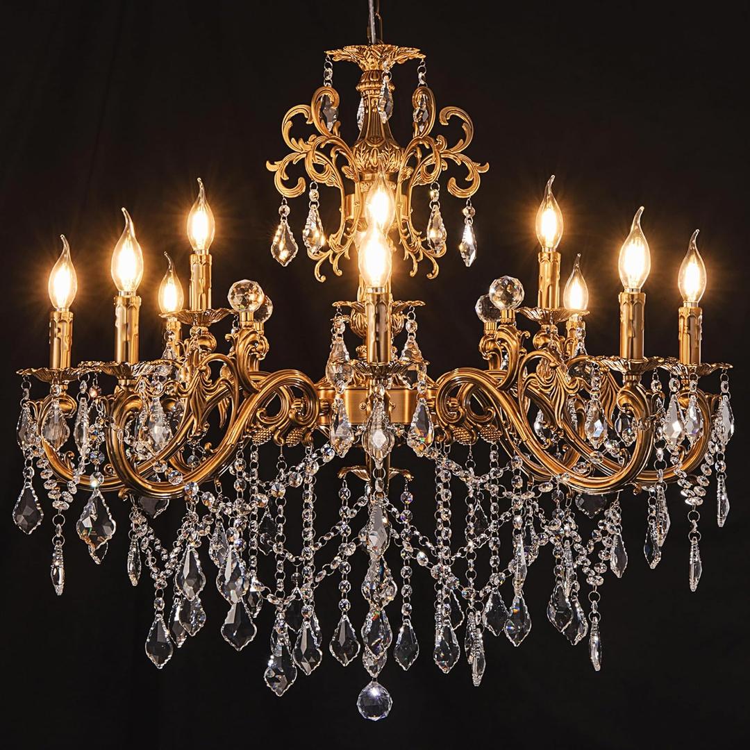 Wellmet Crystal Chandeliers Vintage Antique Bronze Chandelier 12 Lights Candle Pendant Ceiling Light Fixture for Dining Room Living Room Kitchen Bedroom Hallway Entryway Dia 35.9"