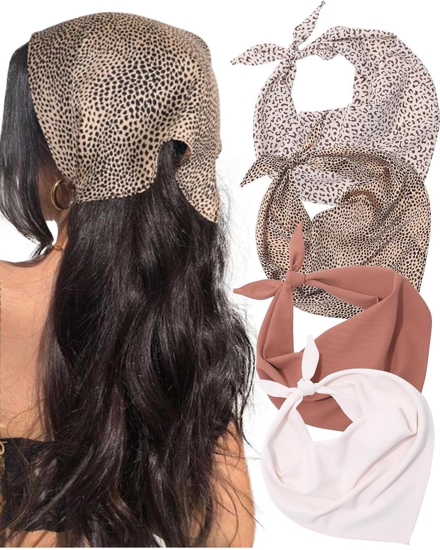 4 Pcs Triangle Head Scarf Headband for Women Hair Bandanas for Women's Hair | Boho kerchief set by AWAYTR. Includes white, curry, white leopard & curry leopard patterns. Great for daily hair style.