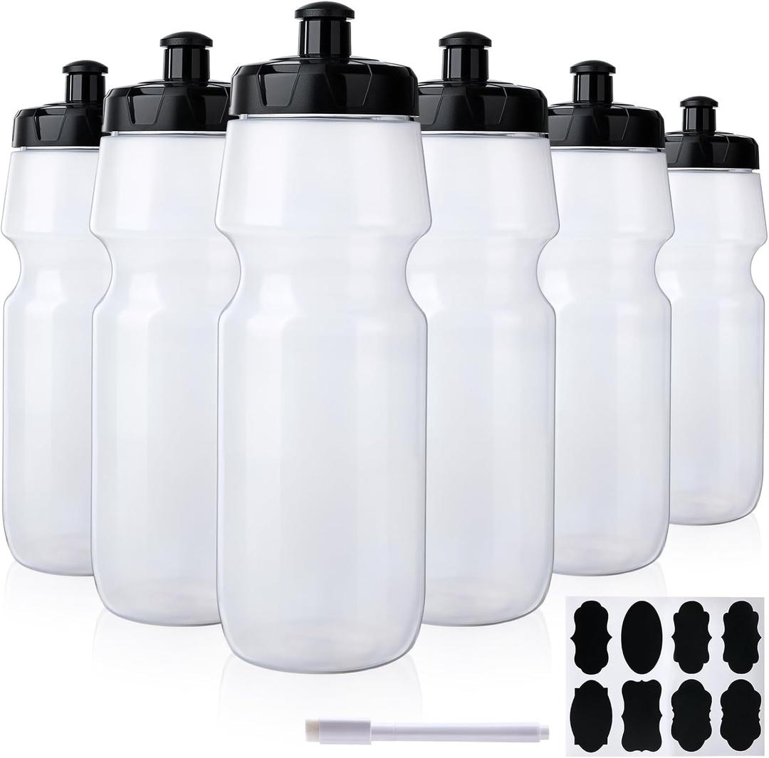 6 Pack 25 oz Sports Water Bottles Sports and Fitness Squeeze Water Bottles BPA Free come with 8 pcs Chalk Labels, 1 Pen(Dishwisher Safe)